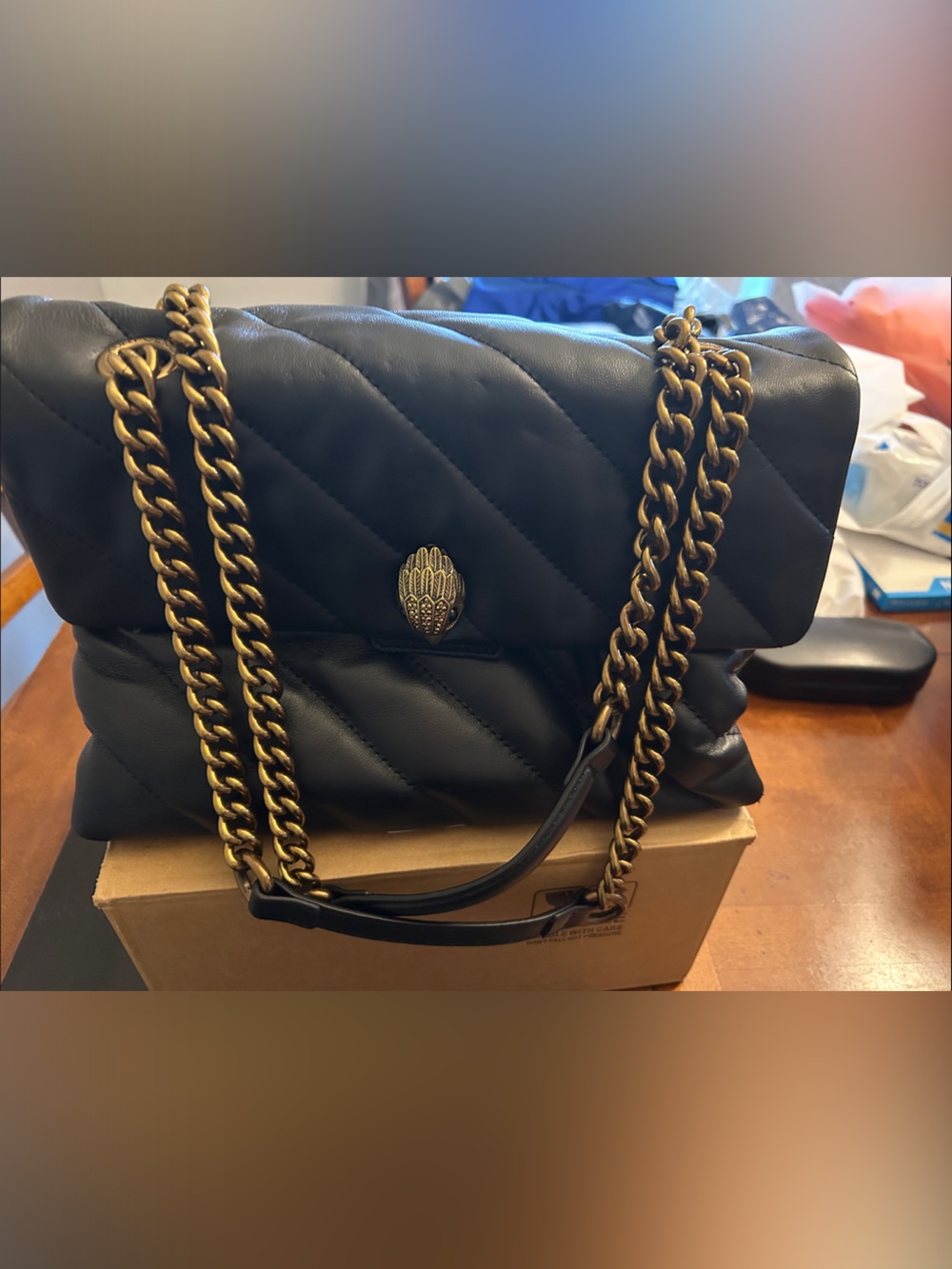 Kurt Geiger Black Quilted Shoulder Bag with Antique Gold Chain 12 x 9
